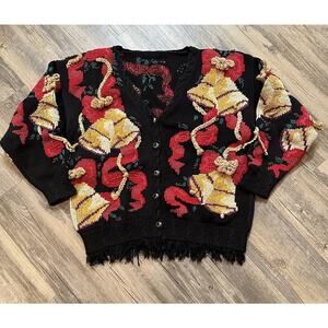 Vtg Traditional Trading Co Hand Knitted Sweater Bells Bows Size Medium Christmas